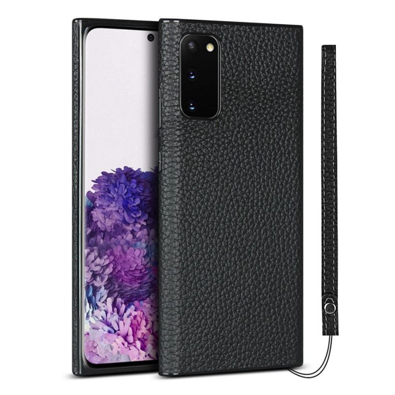 Coque Samsung Galaxy S20 Véritable Cuir Litchi Avec Lanière