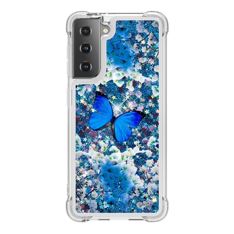 Coque Samsung Galaxy S21 5g Papillons Bleus Paillettes