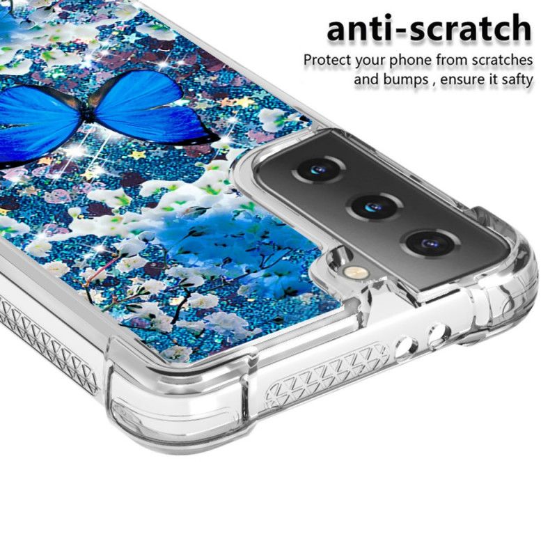 Coque Samsung Galaxy S21 5g Papillons Bleus Paillettes