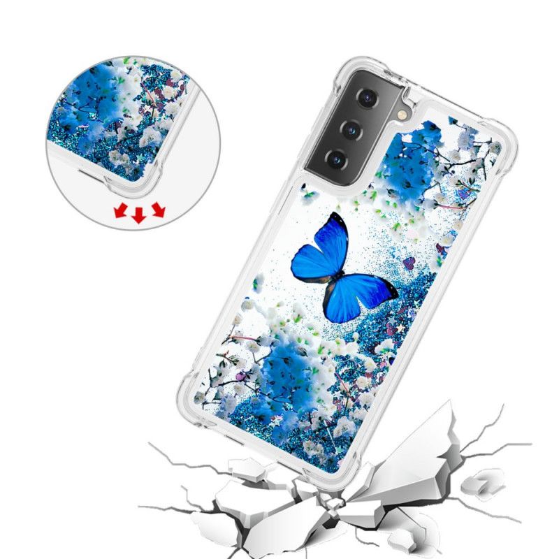 Coque Samsung Galaxy S21 5g Papillons Bleus Paillettes