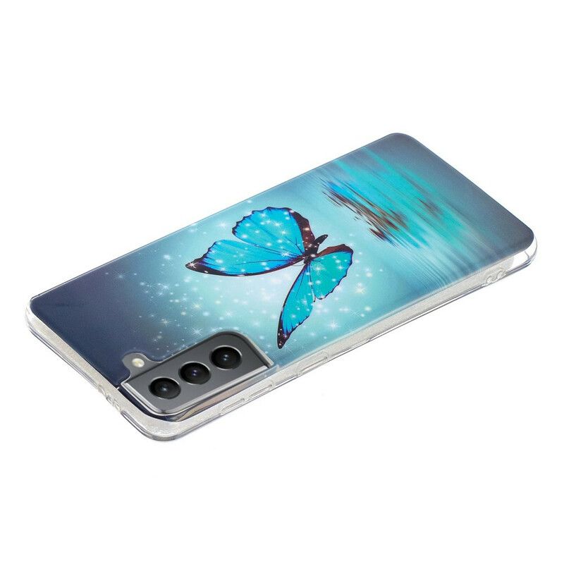 Coque Samsung Galaxy S21 FE Papillon Bleu Fluorescente