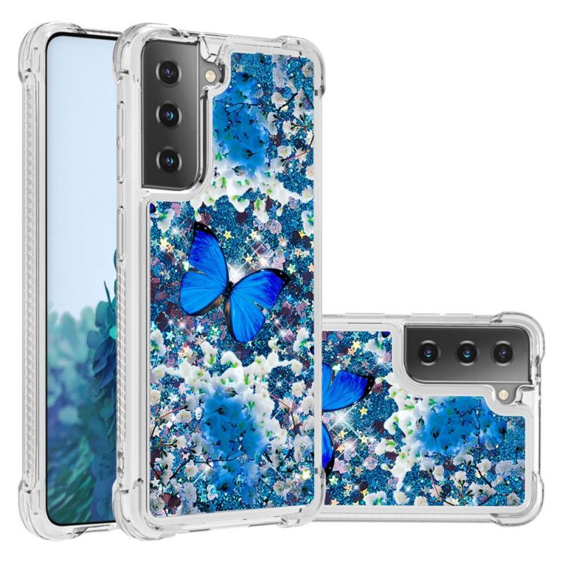 Coque Samsung Galaxy S21 Plus 5g Papillons Bleus Paillettes