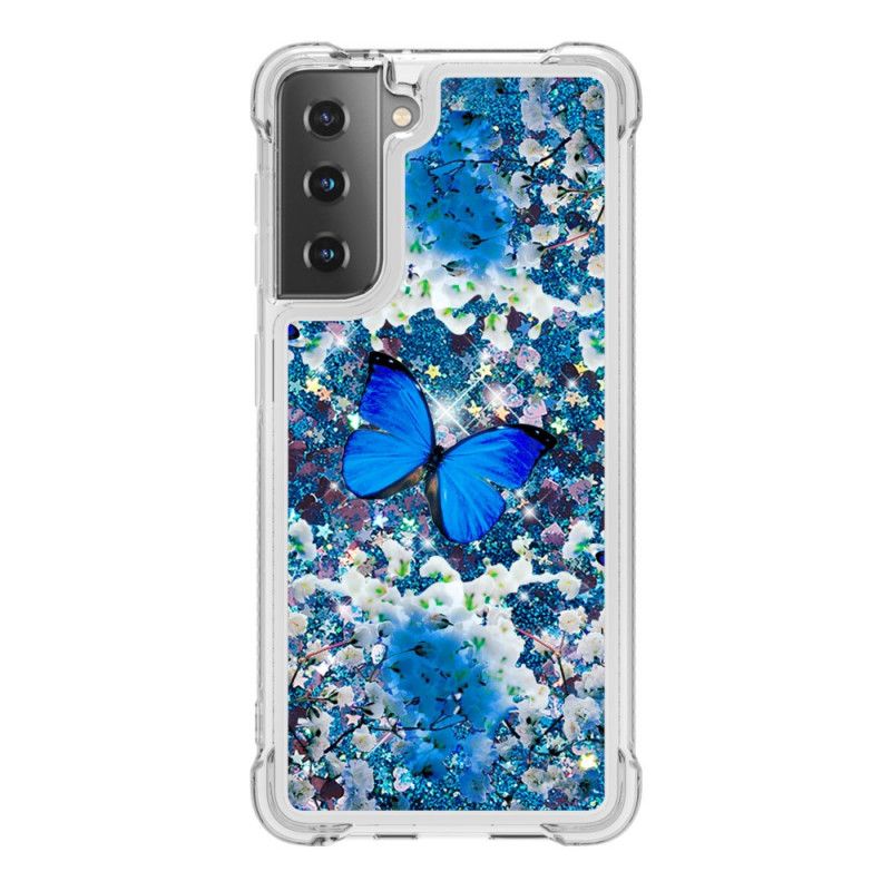 Coque Samsung Galaxy S21 Plus 5g Papillons Bleus Paillettes