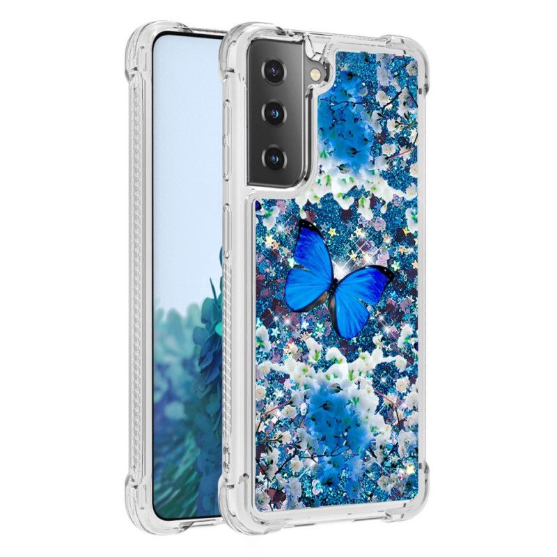 Coque Samsung Galaxy S21 Plus 5g Papillons Bleus Paillettes