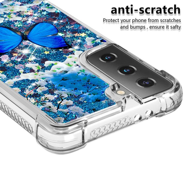 Coque Samsung Galaxy S21 Plus 5g Papillons Bleus Paillettes