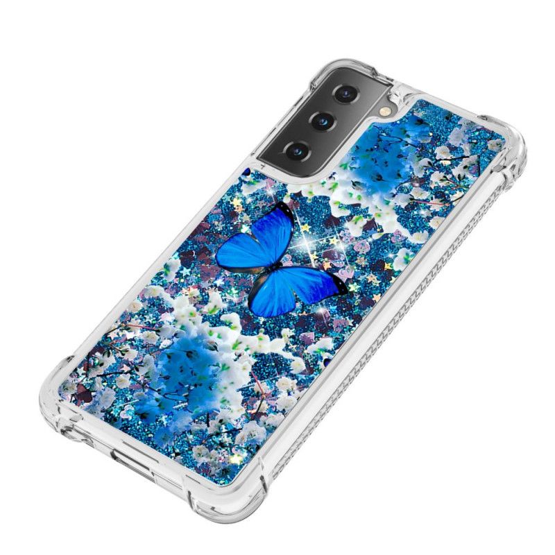 Coque Samsung Galaxy S21 Plus 5g Papillons Bleus Paillettes