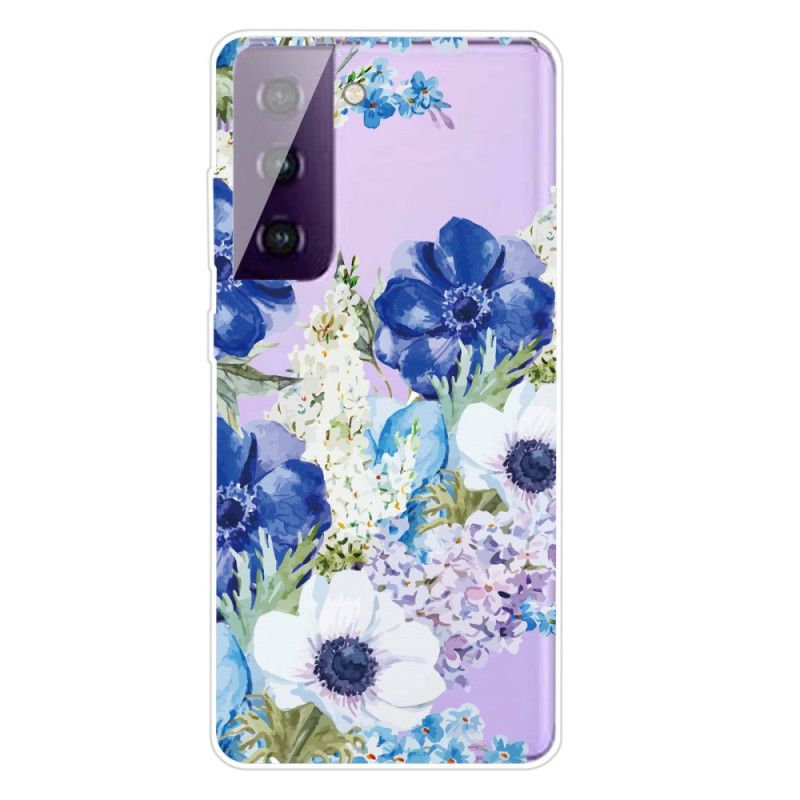 Coque Samsung Galaxy S21 Plus 5g Transparente Fleurs Bleues Aquarelle
