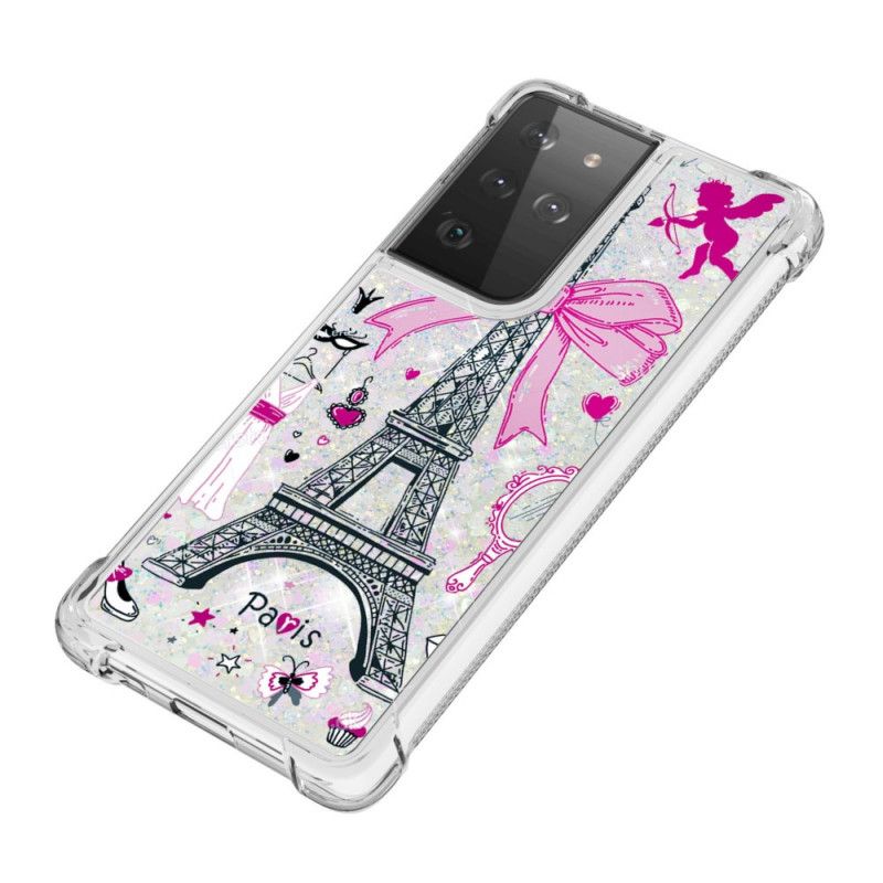 Coque Samsung Galaxy S21 Ultra 5g La Tour Eiffel Paillettes