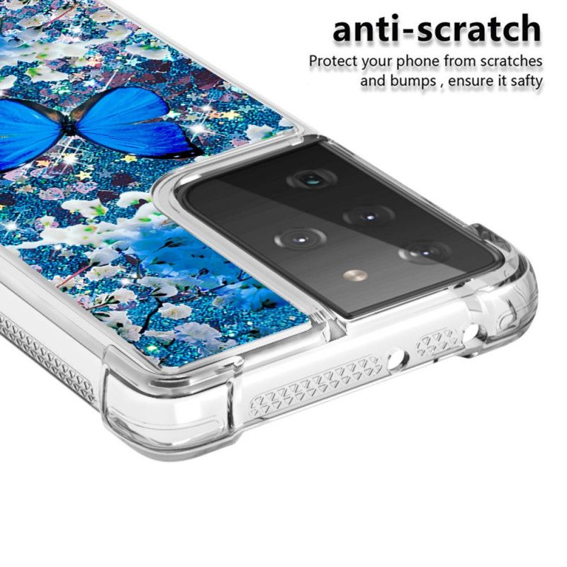Coque Samsung Galaxy S21 Ultra 5g Papillons Bleus Paillettes