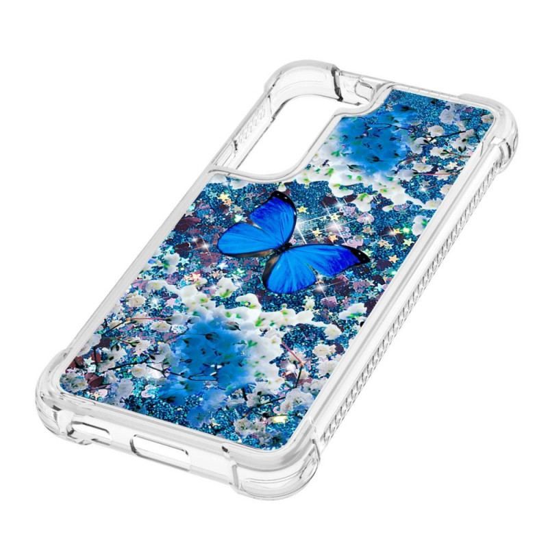 Coque Samsung Galaxy S22 5G Papillons Bleus Paillettes
