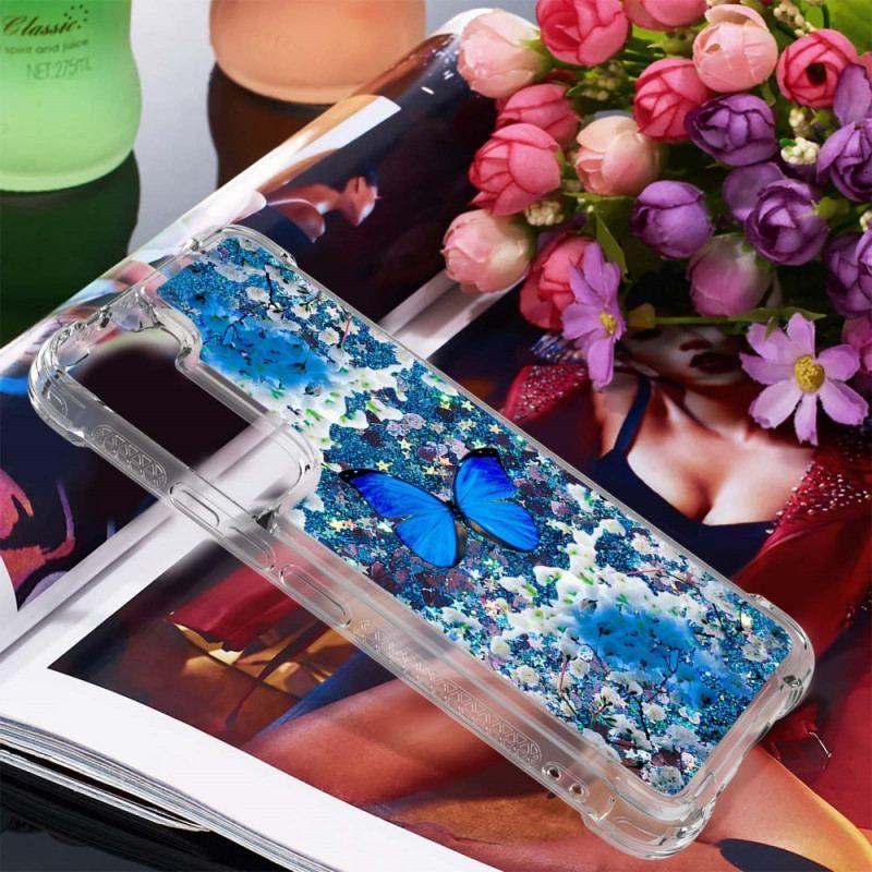 Coque Samsung Galaxy S22 5G Papillons Bleus Paillettes