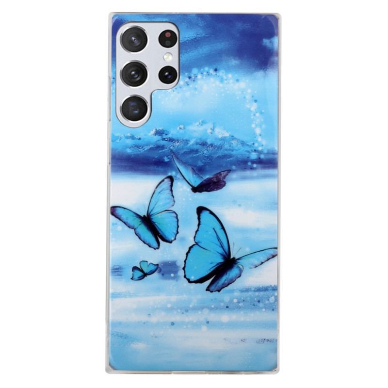 Coque Samsung Galaxy S22 Ultra 5G Papillons Bleus Fluorescente