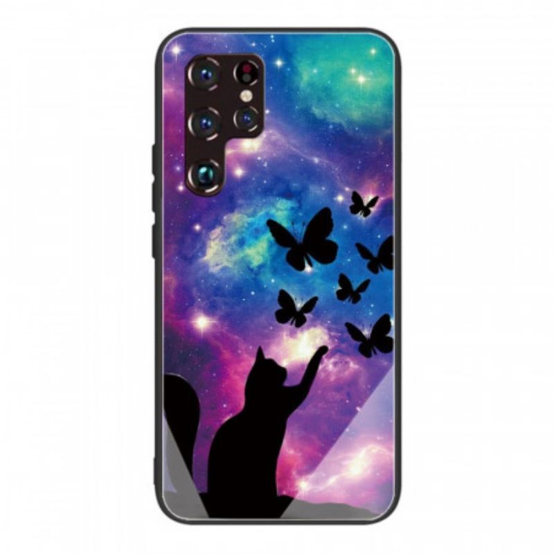 Coque Samsung Galaxy S22 Ultra 5G Verre Trempé Chat et Papillons Dans l'Espace