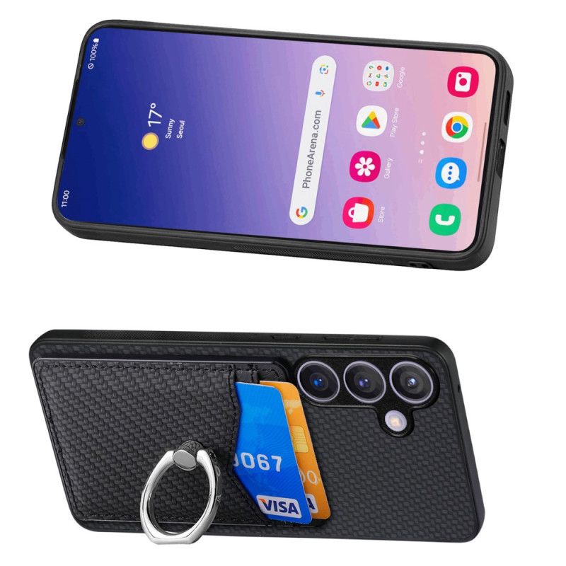 Coque Samsung Galaxy S25 Plus 5G Porte-Cartes et Anneau-Support en Fibre Carbone