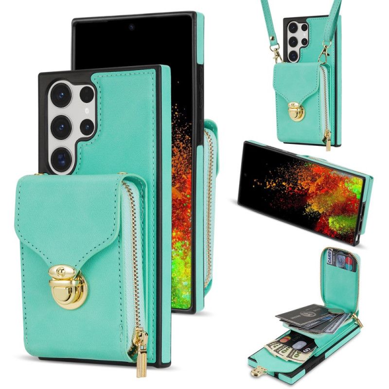 Coque Samsung Galaxy S25 Ultra 5G Portefeuille à Fermeture Éclair et Bandoulière