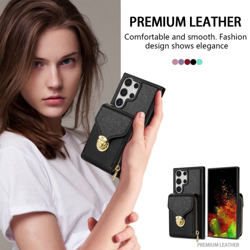 Coque Samsung Galaxy S25 Ultra 5G Portefeuille à Fermeture Éclair et Bandoulière