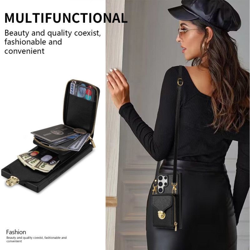 Coque Samsung Galaxy S25 Ultra 5G Portefeuille à Fermeture Éclair et Bandoulière