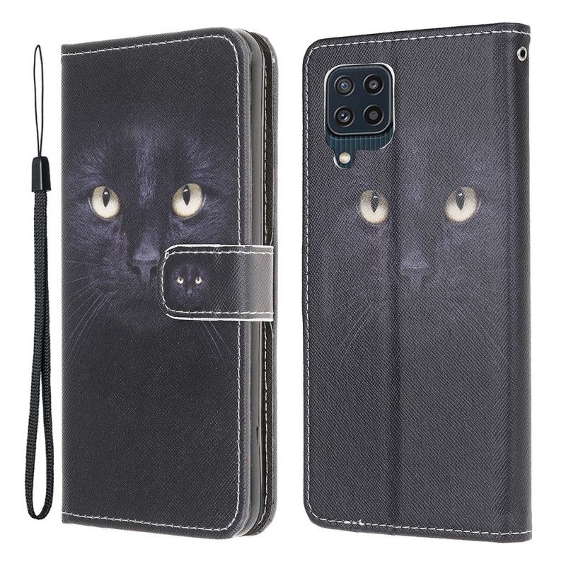 Housse Pour Samsung Galaxy M32 Yeux De Chat Noir À Lanière