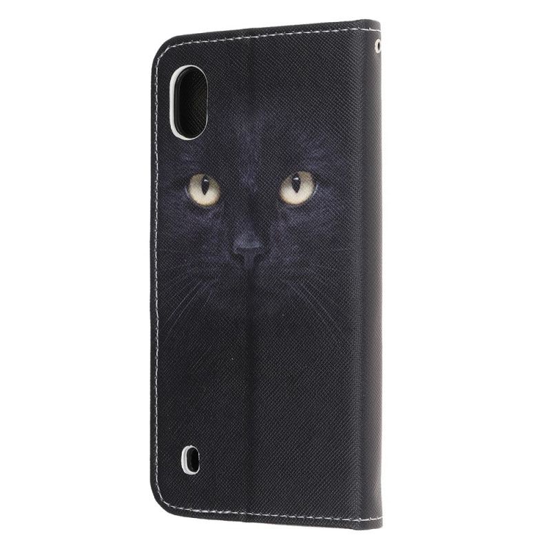 Housse Samsung Galaxy A10 Yeux De Chat Noir À Lanière