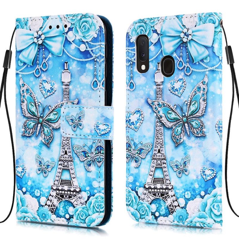 Étui Housse Samsung Galaxy A10e Tour Eiffel Papillons À Lanière
