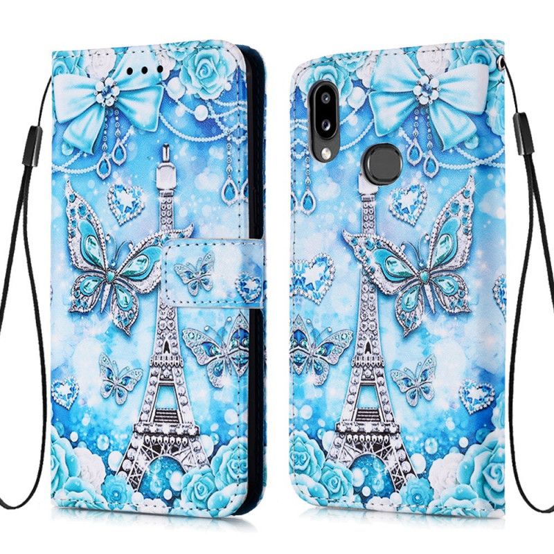 Housse Samsung Galaxy A10s Tour Eiffel Papillons À Lanière