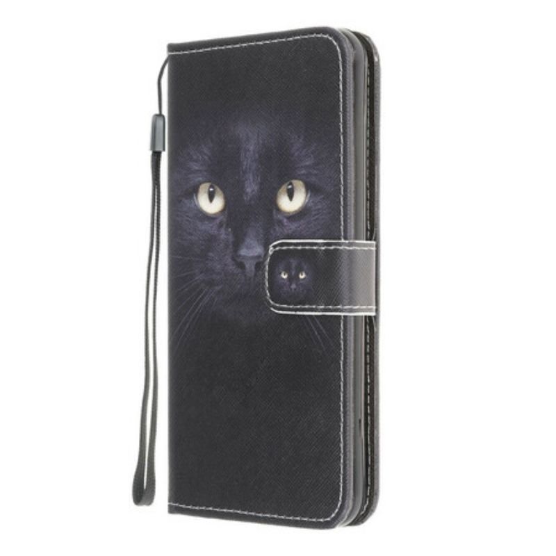 Housse Samsung Galaxy A12 / M12 Yeux de Chat Noir à Lanière