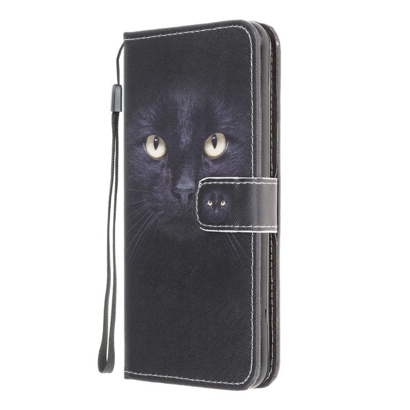 Housse Samsung Galaxy A12 Yeux De Chat Noir À Lanière