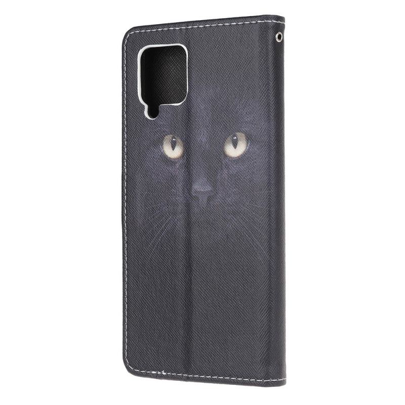 Housse Samsung Galaxy A12 Yeux De Chat Noir À Lanière