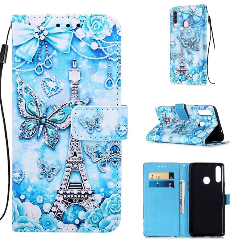 Housse Samsung Galaxy A20s Tour Eiffel Papillons À Lanière