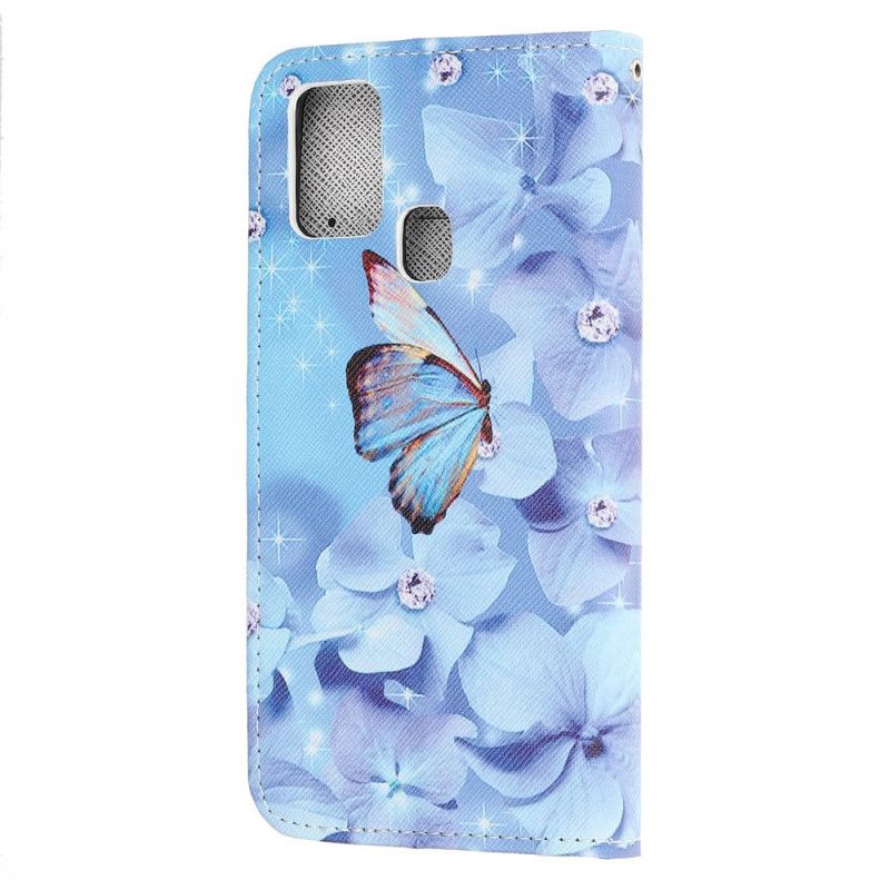 Étui Housse Samsung Galaxy A21s Papillons Diamants À Lanière