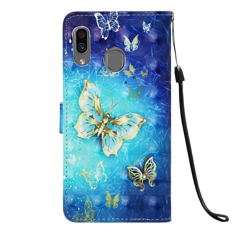 Housse Samsung Galaxy A30 Papillons Dorés À Lanière