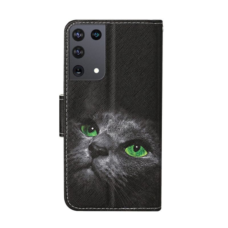 Housse Samsung Galaxy A31 Chat Aux Yeux Verts Avec Lanière