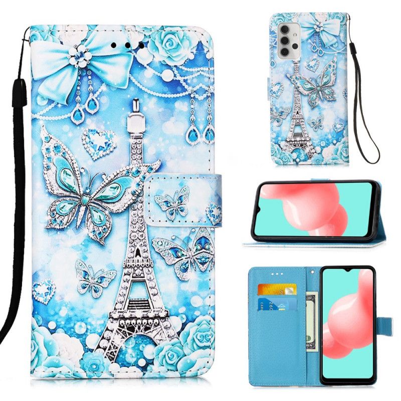 Étui Housse Samsung Galaxy A32 5g Tour Eiffel Papillons À Lanière