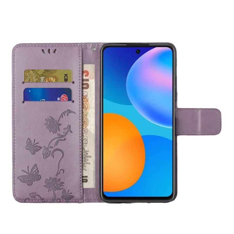 Étui Housse Samsung Galaxy A52 4g / A52 5g Papillons Et Fleurs À Lanière