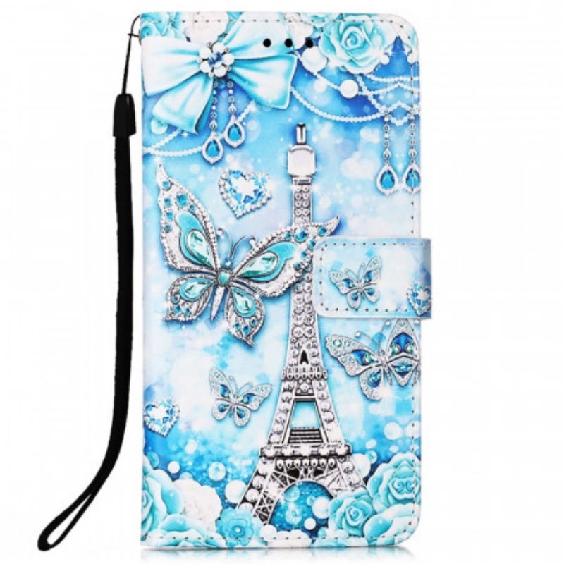 Housse Samsung Galaxy A53 5G Tour Eiffel Papillons à Lanière