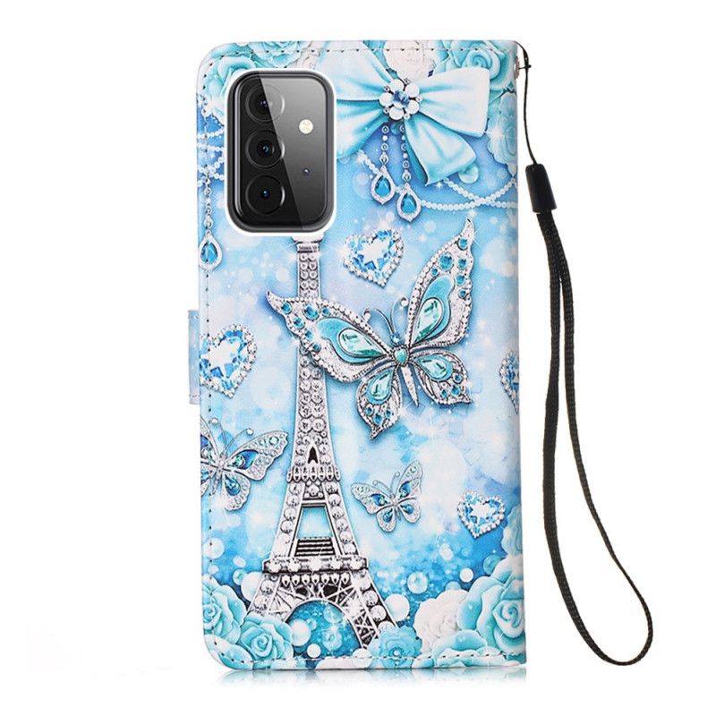 Housse Samsung Galaxy A72 4g / A72 5g Tour Eiffel Papillons À Lanière