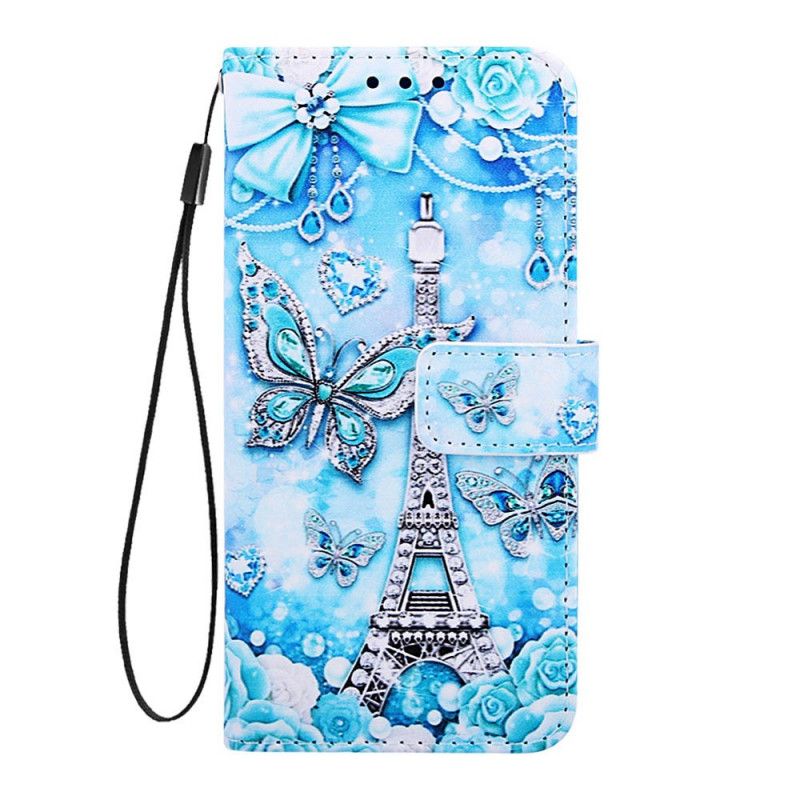 Housse Samsung Galaxy A90 / A80 Tour Eiffel Papillons À Lanière