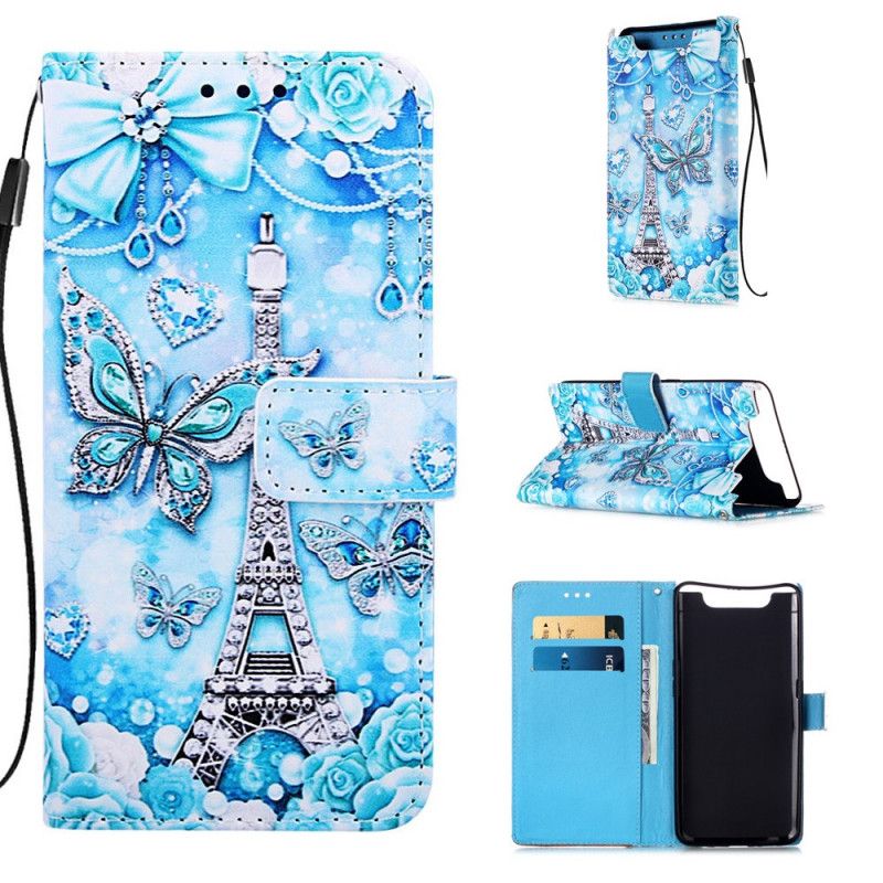 Housse Samsung Galaxy A90 / A80 Tour Eiffel Papillons À Lanière