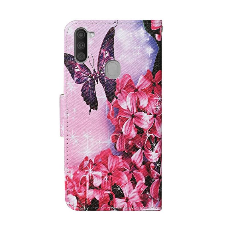 Housse Samsung Galaxy M11 Papillons Floraux Lanière