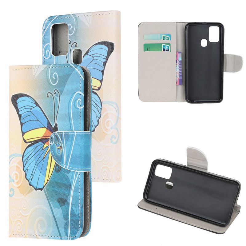 Housse Samsung Galaxy M21 Papillon Bleu Et Jaune