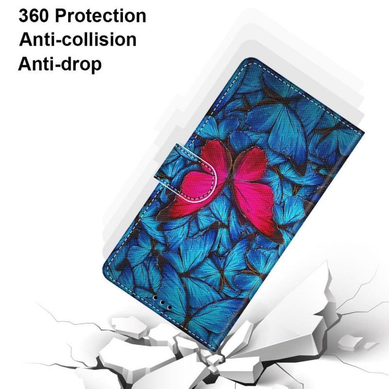Housse Samsung Galaxy M23 5G Papillon Rouge Sur Fond Bleu