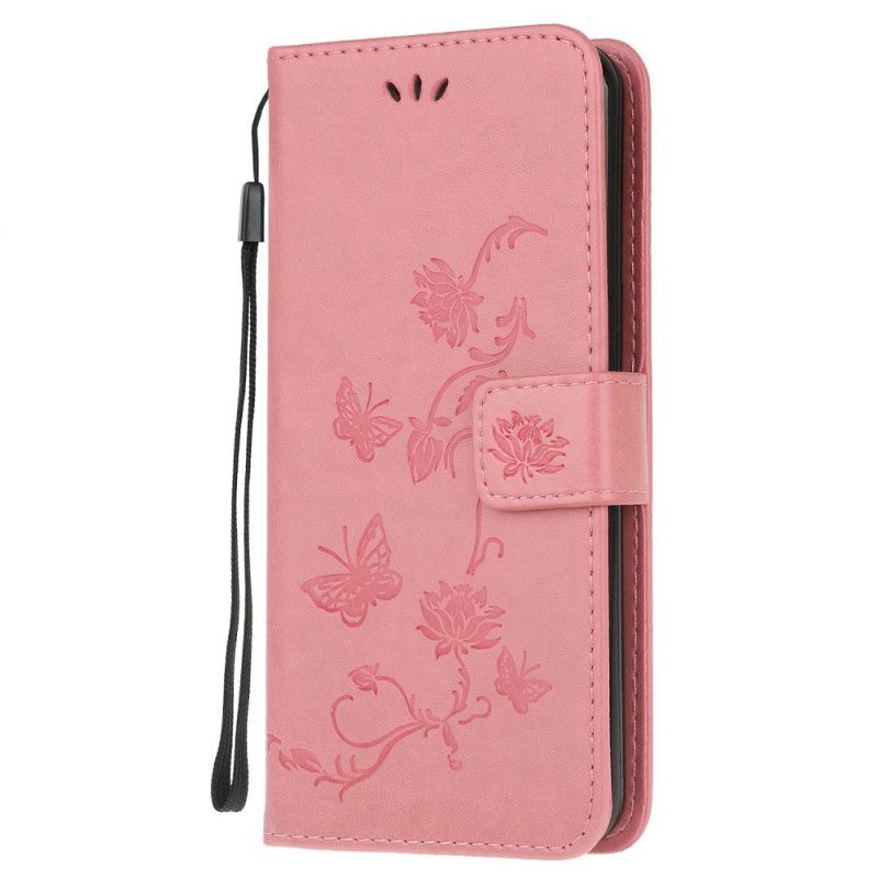 Housse Samsung Galaxy M51 Papillons Et Fleurs À Lanière