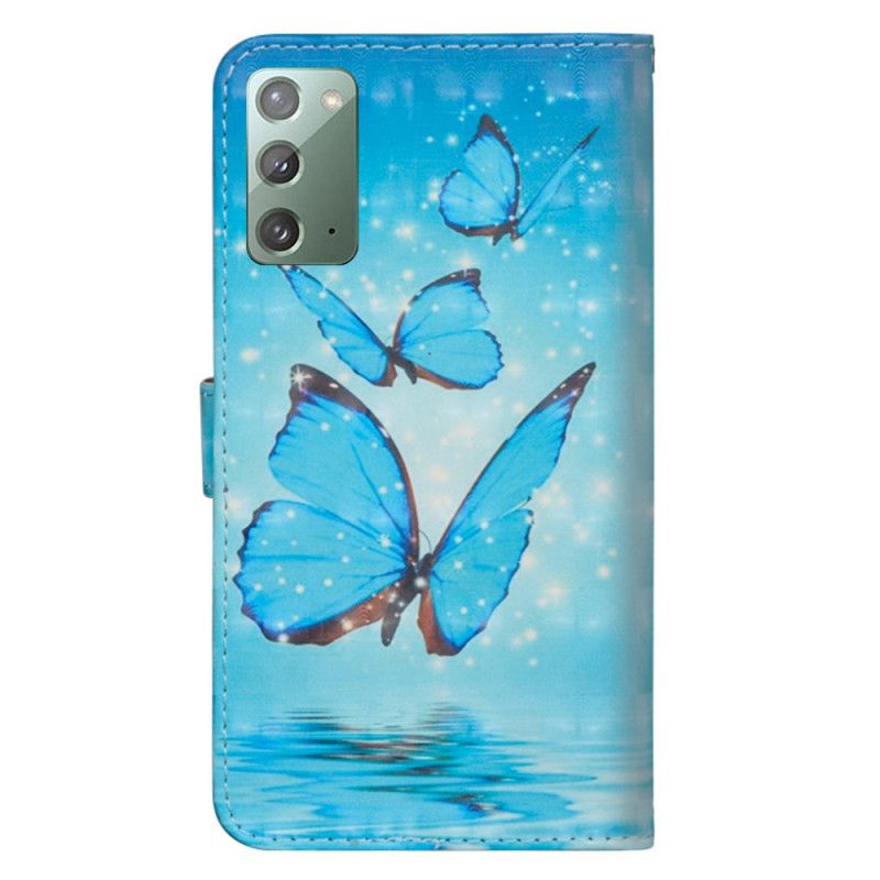Housse Samsung Galaxy Note 20 Papillons Bleus Volants