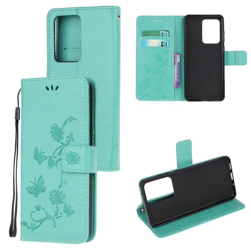 Housse Samsung Galaxy Note 20 Ultra Papillons Et Fleurs À Lanière