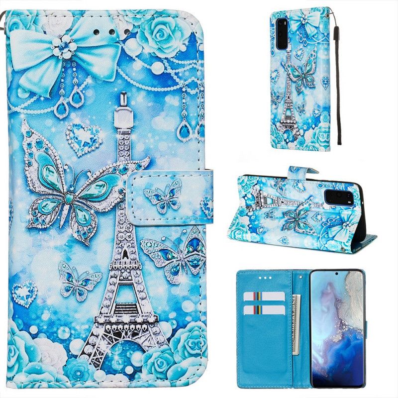 Housse Samsung Galaxy S20 Tour Eiffel Papillons À Lanière