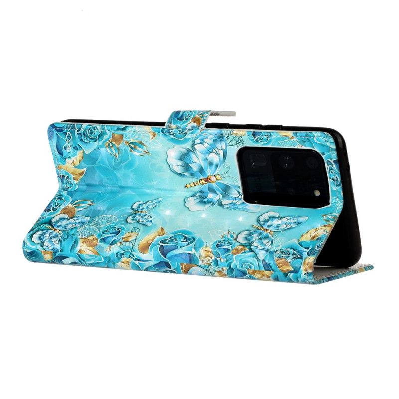 Housse Samsung Galaxy S20 Ultra Papillons Et Fleurs Sur Fond Bleu