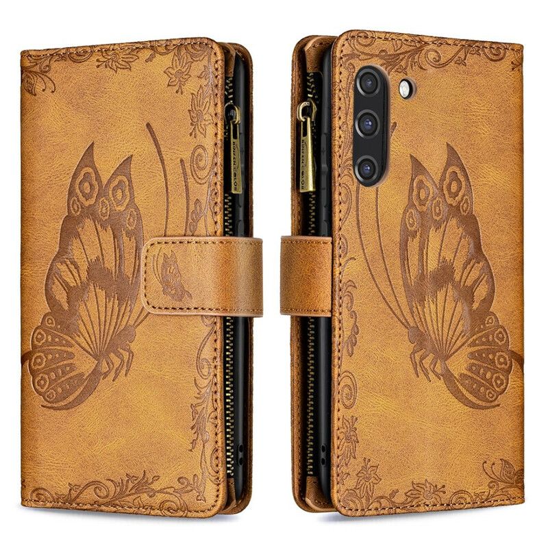 Housse Samsung Galaxy S21 FE Papillon Baroque Poche Zippée