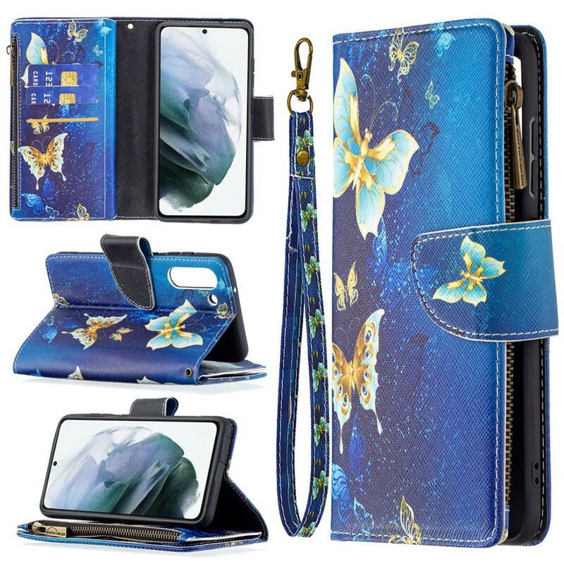 Housse Samsung Galaxy S21 FE Poche Zippée Papillons Papillons