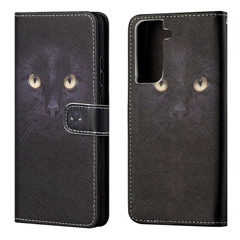 Housse Samsung Galaxy S21 FE Yeux De Chat Noir À Lanière