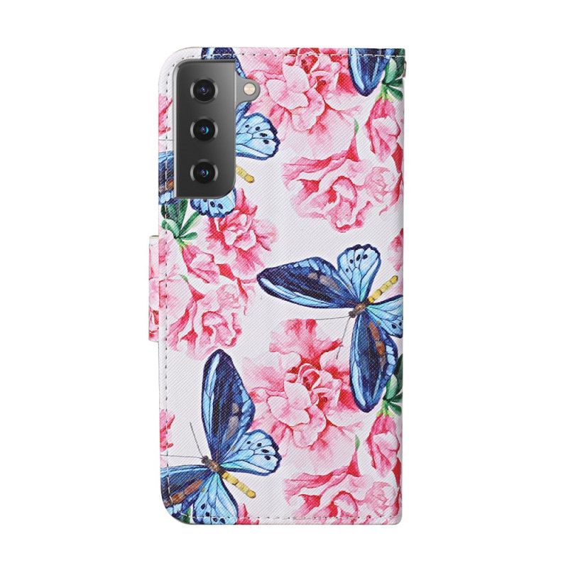 Housse Samsung Galaxy S21 Plus 5g Papillons Floraux Lanière